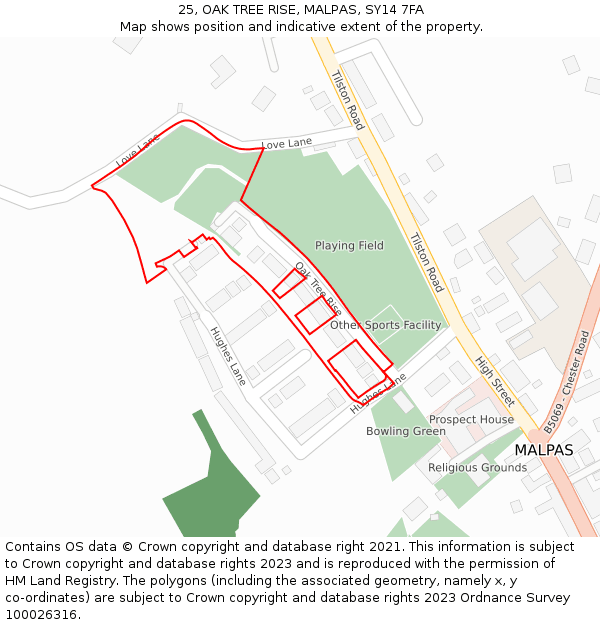 25, OAK TREE RISE, MALPAS, SY14 7FA: Location map and indicative extent of plot