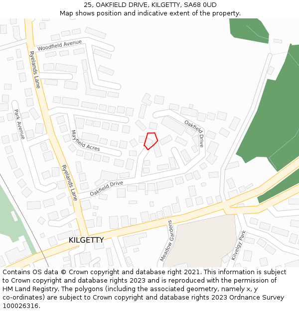 25, OAKFIELD DRIVE, KILGETTY, SA68 0UD: Location map and indicative extent of plot