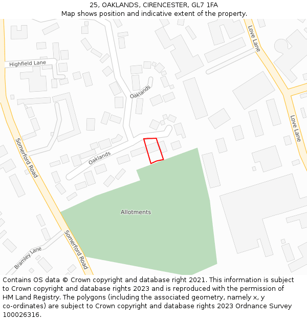25, OAKLANDS, CIRENCESTER, GL7 1FA: Location map and indicative extent of plot