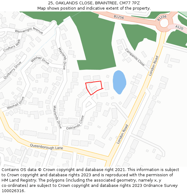 25, OAKLANDS CLOSE, BRAINTREE, CM77 7PZ: Location map and indicative extent of plot