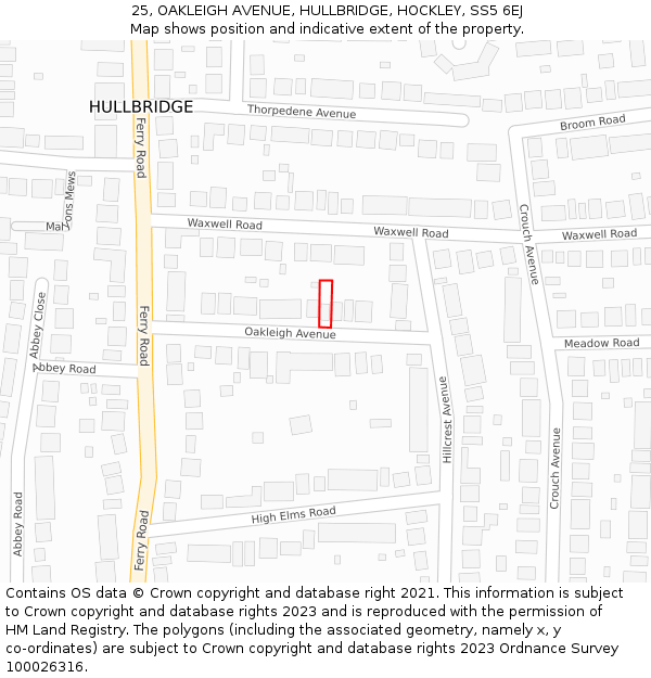 25, OAKLEIGH AVENUE, HULLBRIDGE, HOCKLEY, SS5 6EJ: Location map and indicative extent of plot