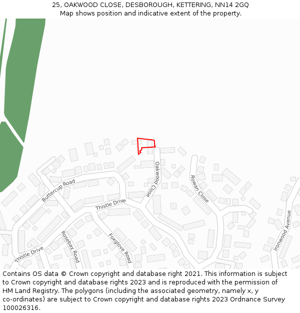 25, OAKWOOD CLOSE, DESBOROUGH, KETTERING, NN14 2GQ: Location map and indicative extent of plot