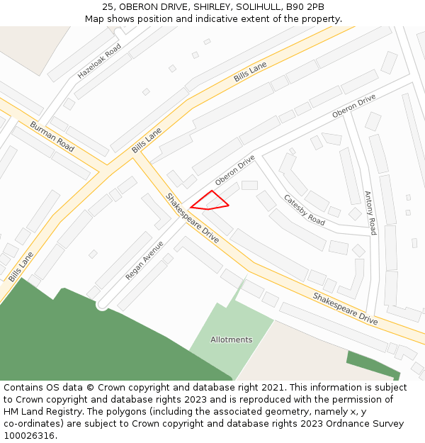 25, OBERON DRIVE, SHIRLEY, SOLIHULL, B90 2PB: Location map and indicative extent of plot