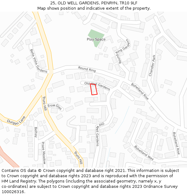 25, OLD WELL GARDENS, PENRYN, TR10 9LF: Location map and indicative extent of plot