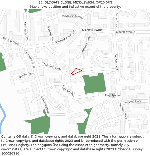 25, OLDGATE CLOSE, MIDDLEWICH, CW10 0PG: Location map and indicative extent of plot
