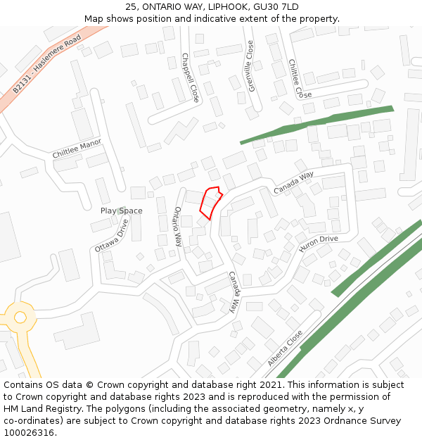 25, ONTARIO WAY, LIPHOOK, GU30 7LD: Location map and indicative extent of plot
