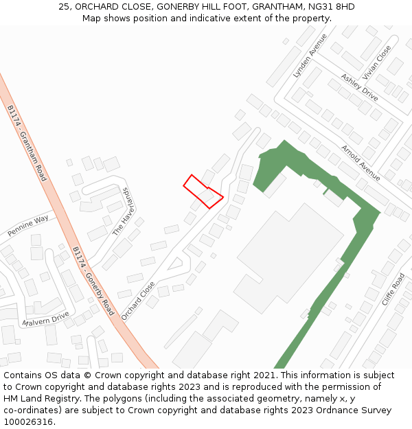 25, ORCHARD CLOSE, GONERBY HILL FOOT, GRANTHAM, NG31 8HD: Location map and indicative extent of plot