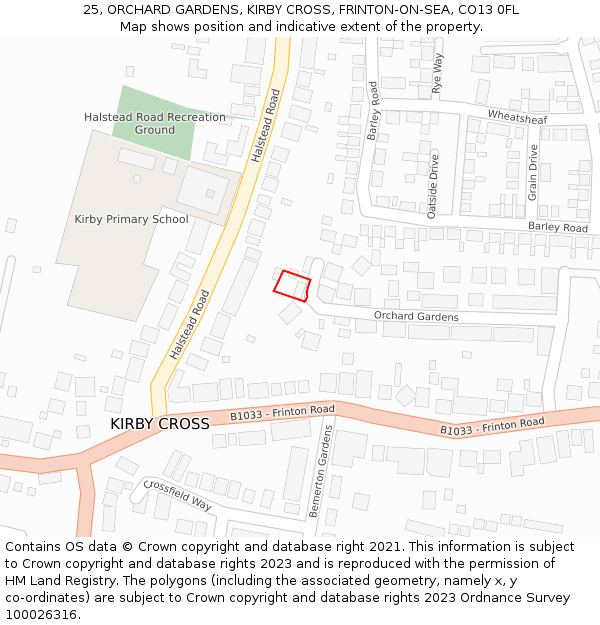 25, ORCHARD GARDENS, KIRBY CROSS, FRINTON-ON-SEA, CO13 0FL: Location map and indicative extent of plot