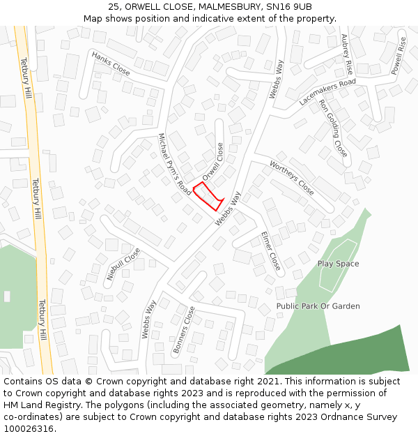 25, ORWELL CLOSE, MALMESBURY, SN16 9UB: Location map and indicative extent of plot