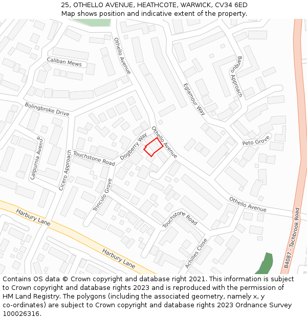 25, OTHELLO AVENUE, HEATHCOTE, WARWICK, CV34 6ED: Location map and indicative extent of plot