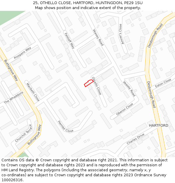 25, OTHELLO CLOSE, HARTFORD, HUNTINGDON, PE29 1SU: Location map and indicative extent of plot