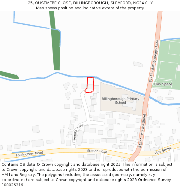 25, OUSEMERE CLOSE, BILLINGBOROUGH, SLEAFORD, NG34 0HY: Location map and indicative extent of plot