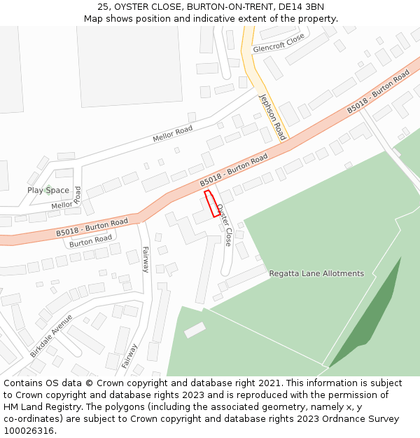 25, OYSTER CLOSE, BURTON-ON-TRENT, DE14 3BN: Location map and indicative extent of plot