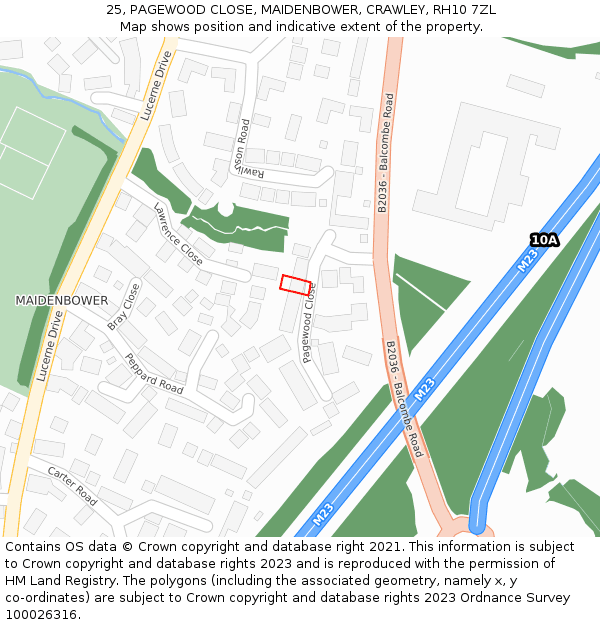 25, PAGEWOOD CLOSE, MAIDENBOWER, CRAWLEY, RH10 7ZL: Location map and indicative extent of plot