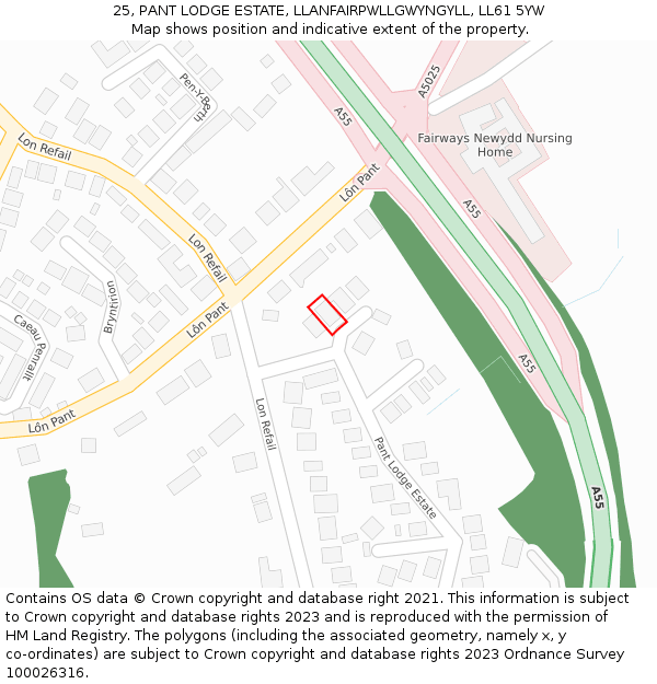 25, PANT LODGE ESTATE, LLANFAIRPWLLGWYNGYLL, LL61 5YW: Location map and indicative extent of plot
