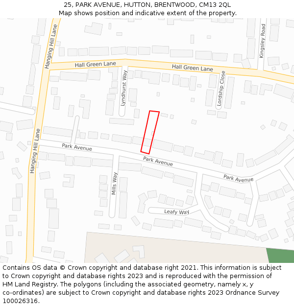 25, PARK AVENUE, HUTTON, BRENTWOOD, CM13 2QL: Location map and indicative extent of plot