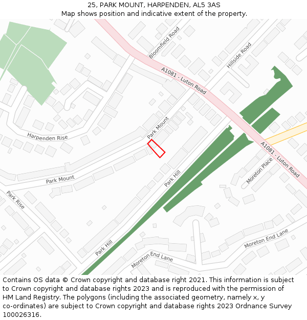 25, PARK MOUNT, HARPENDEN, AL5 3AS: Location map and indicative extent of plot
