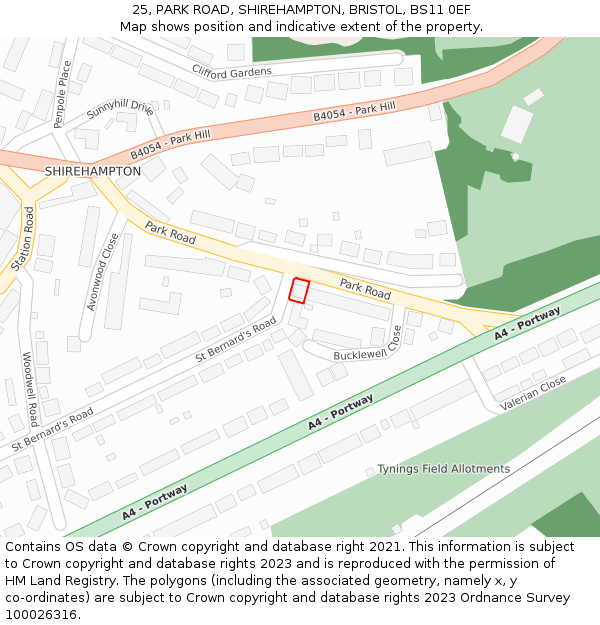 25, PARK ROAD, SHIREHAMPTON, BRISTOL, BS11 0EF: Location map and indicative extent of plot