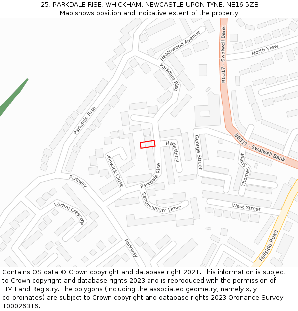 25, PARKDALE RISE, WHICKHAM, NEWCASTLE UPON TYNE, NE16 5ZB: Location map and indicative extent of plot