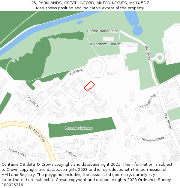 25, PARKLANDS, GREAT LINFORD, MILTON KEYNES, MK14 5DZ: Location map and indicative extent of plot