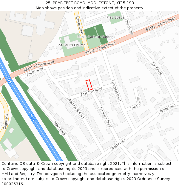 25, PEAR TREE ROAD, ADDLESTONE, KT15 1SR: Location map and indicative extent of plot