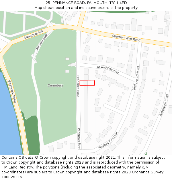 25, PENNANCE ROAD, FALMOUTH, TR11 4ED: Location map and indicative extent of plot