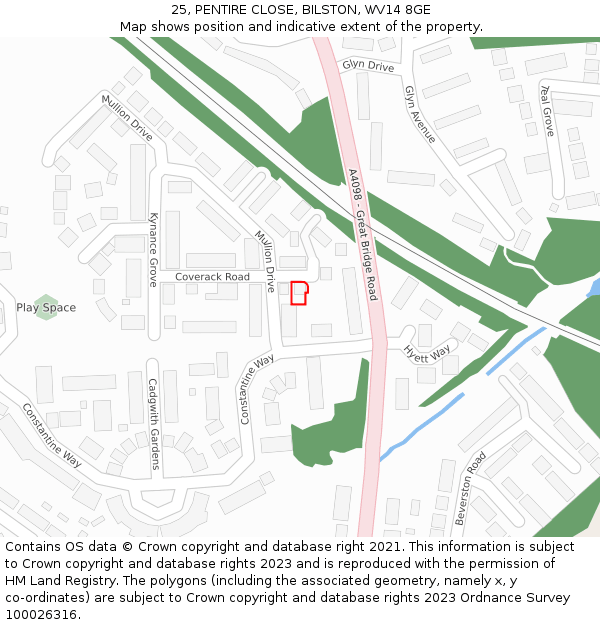 25, PENTIRE CLOSE, BILSTON, WV14 8GE: Location map and indicative extent of plot