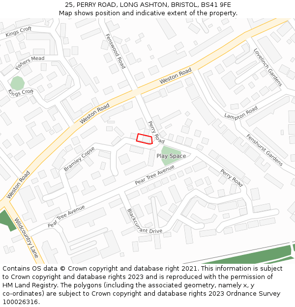 25, PERRY ROAD, LONG ASHTON, BRISTOL, BS41 9FE: Location map and indicative extent of plot