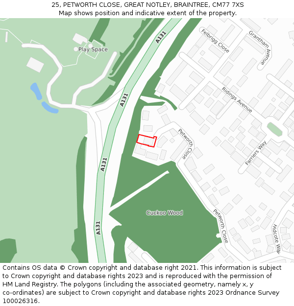 25, PETWORTH CLOSE, GREAT NOTLEY, BRAINTREE, CM77 7XS: Location map and indicative extent of plot