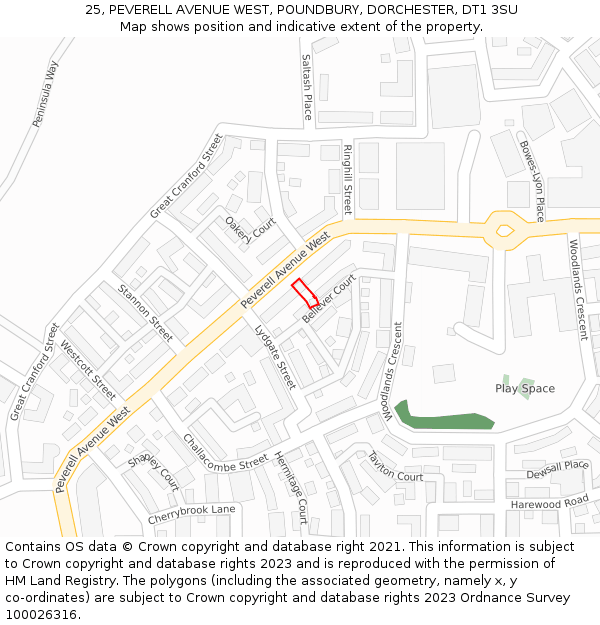 25, PEVERELL AVENUE WEST, POUNDBURY, DORCHESTER, DT1 3SU: Location map and indicative extent of plot