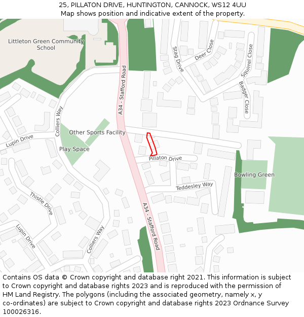 25, PILLATON DRIVE, HUNTINGTON, CANNOCK, WS12 4UU: Location map and indicative extent of plot