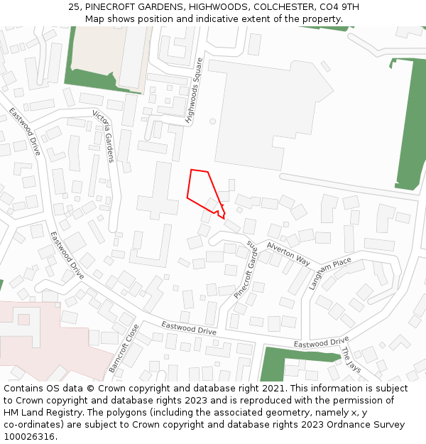 25, PINECROFT GARDENS, HIGHWOODS, COLCHESTER, CO4 9TH: Location map and indicative extent of plot