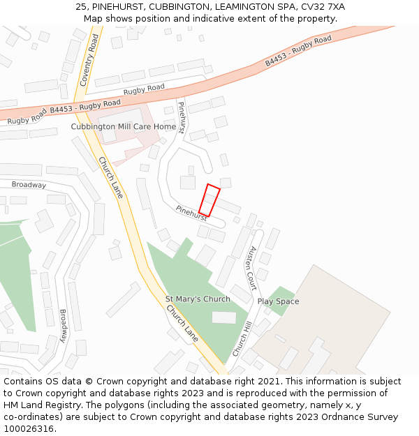 25, PINEHURST, CUBBINGTON, LEAMINGTON SPA, CV32 7XA: Location map and indicative extent of plot