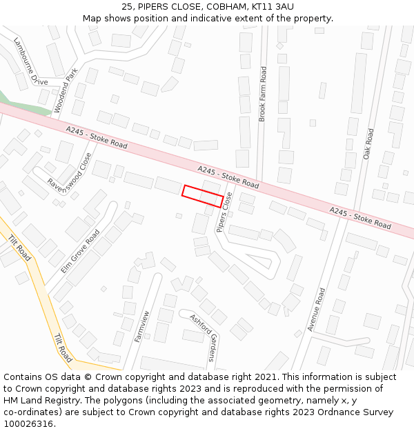 25, PIPERS CLOSE, COBHAM, KT11 3AU: Location map and indicative extent of plot