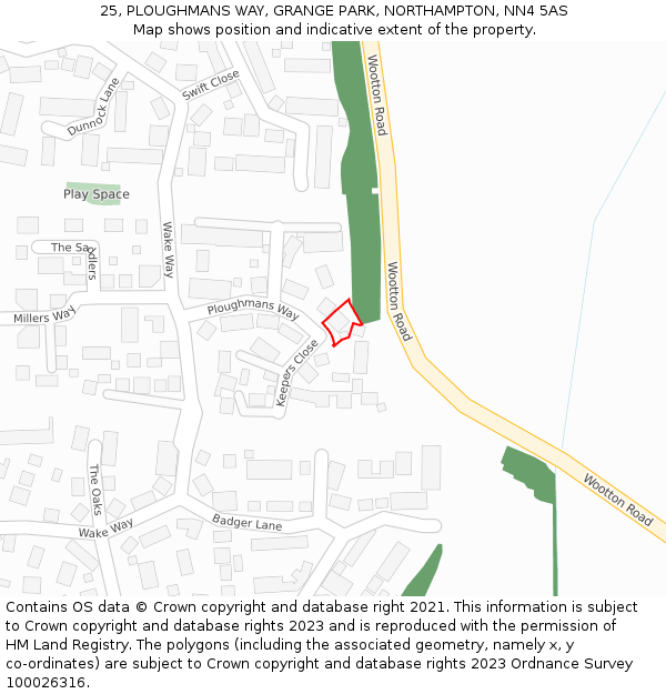 25, PLOUGHMANS WAY, GRANGE PARK, NORTHAMPTON, NN4 5AS: Location map and indicative extent of plot