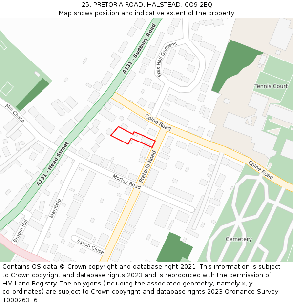 25, PRETORIA ROAD, HALSTEAD, CO9 2EQ: Location map and indicative extent of plot