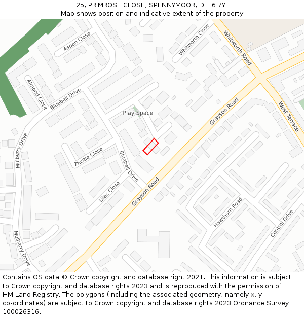 25, PRIMROSE CLOSE, SPENNYMOOR, DL16 7YE: Location map and indicative extent of plot