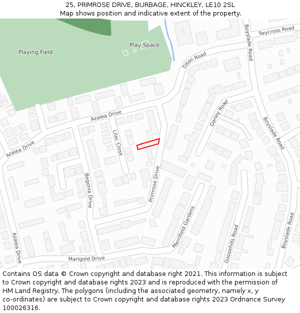 25, PRIMROSE DRIVE, BURBAGE, HINCKLEY, LE10 2SL: Location map and indicative extent of plot