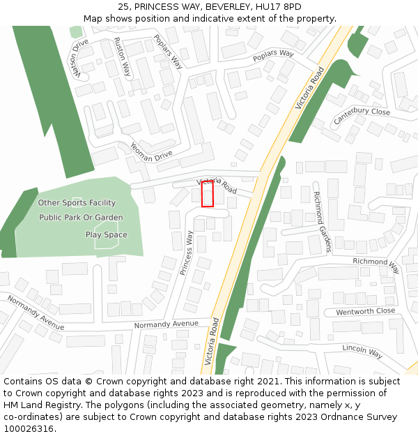 25, PRINCESS WAY, BEVERLEY, HU17 8PD: Location map and indicative extent of plot