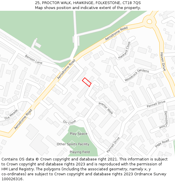 25, PROCTOR WALK, HAWKINGE, FOLKESTONE, CT18 7QS: Location map and indicative extent of plot