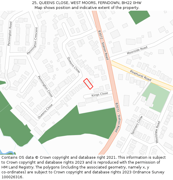 25, QUEENS CLOSE, WEST MOORS, FERNDOWN, BH22 0HW: Location map and indicative extent of plot