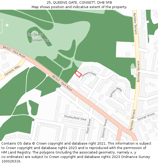 25, QUEENS GATE, CONSETT, DH8 5FB: Location map and indicative extent of plot