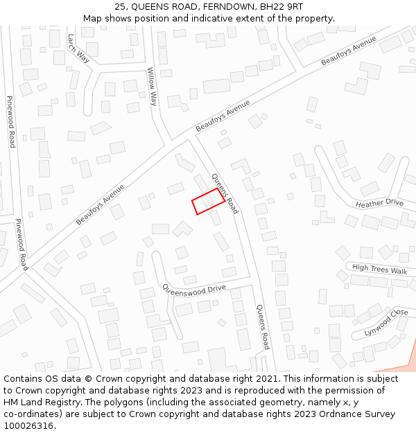 25, QUEENS ROAD, FERNDOWN, BH22 9RT: Location map and indicative extent of plot