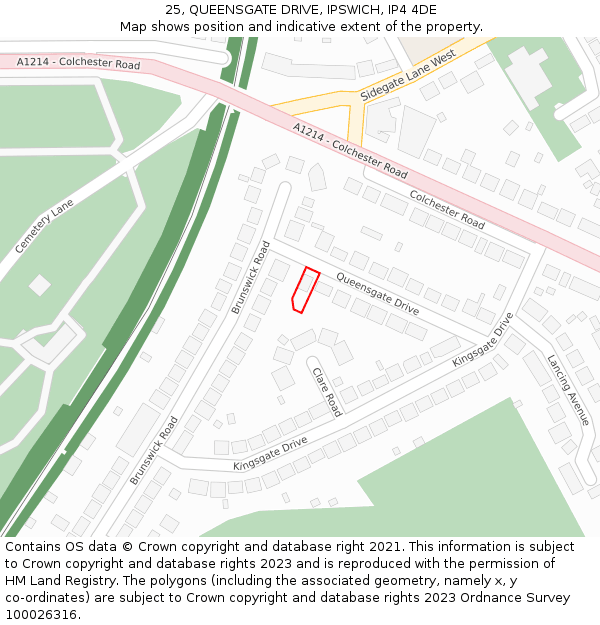 25, QUEENSGATE DRIVE, IPSWICH, IP4 4DE: Location map and indicative extent of plot