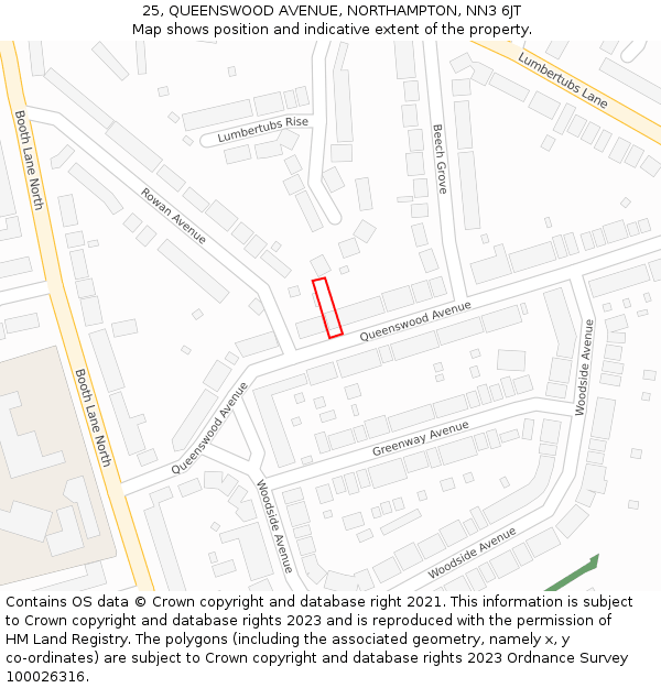 25, QUEENSWOOD AVENUE, NORTHAMPTON, NN3 6JT: Location map and indicative extent of plot