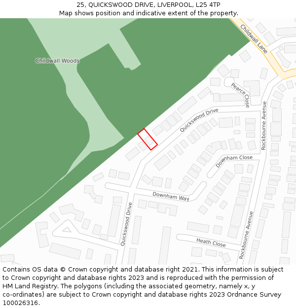 25, QUICKSWOOD DRIVE, LIVERPOOL, L25 4TP: Location map and indicative extent of plot