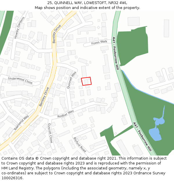 25, QUINNELL WAY, LOWESTOFT, NR32 4WL: Location map and indicative extent of plot