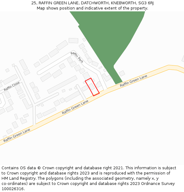 25, RAFFIN GREEN LANE, DATCHWORTH, KNEBWORTH, SG3 6RJ: Location map and indicative extent of plot