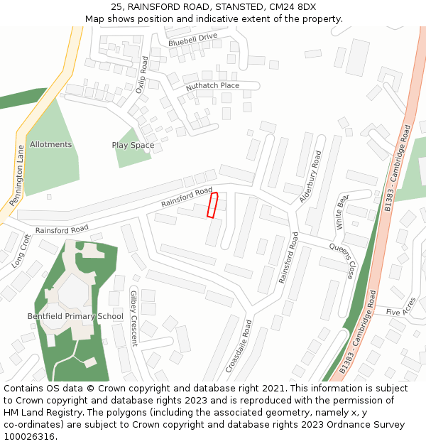 25, RAINSFORD ROAD, STANSTED, CM24 8DX: Location map and indicative extent of plot