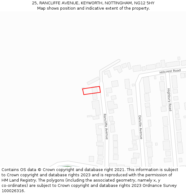 25, RANCLIFFE AVENUE, KEYWORTH, NOTTINGHAM, NG12 5HY: Location map and indicative extent of plot